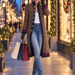 Military Vintage Camel Leopard Print Stand Collar Gold Button Womens Long Sweater Cardigan