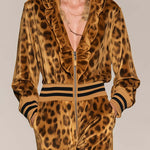 Retro Gold Leopard Print Velvet Ruffle V-Neck Zip Up Wide Leg Jumpsuit