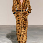 Retro Gold Leopard Print Velvet Ruffle V-Neck Zip Up Wide Leg Jumpsuit