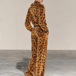 Retro Gold Leopard Print Velvet Ruffle V-Neck Zip Up Wide Leg Jumpsuit