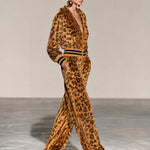 Retro Gold Leopard Print Velvet Ruffle V-Neck Zip Up Wide Leg Jumpsuit