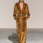 Retro Gold Leopard Print Velvet Ruffle V-Neck Zip Up Wide Leg Jumpsuit