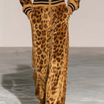 Retro Gold Leopard Print Velvet Ruffle V-Neck Zip Up Wide Leg Jumpsuit