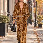 Retro Gold Leopard Print Velvet Ruffle V-Neck Zip Up Wide Leg Jumpsuit
