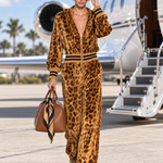 Retro Gold Leopard Print Velvet Ruffle V-Neck Zip Up Wide Leg Jumpsuit