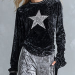 Chic And Casual Black Sequin Star Velvet T-shirt
