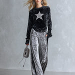 Chic And Casual Black Sequin Star Velvet T-shirt