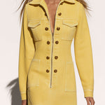 Vintage Yellow Multi-pocket Washed Denim Long-sleeved Mini Dress