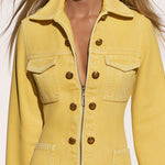 Vintage Yellow Multi-pocket Washed Denim Long-sleeved Mini Dress