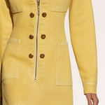 Vintage Yellow Multi-pocket Washed Denim Long-sleeved Mini Dress