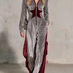 Casual Retro Color-blocked Star Gray Hooded Zip-up Velvet Jumpsuit