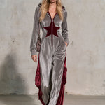 Casual Retro Color-blocked Star Gray Hooded Zip-up Velvet Jumpsuit