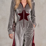 Casual Retro Color-blocked Star Gray Hooded Zip-up Velvet Jumpsuit