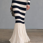 Retro-elegant Blue And White Striped Knit Patchwork Chiffon Ruffled Fishtail Maxi Dress