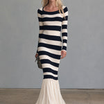 Retro-elegant Blue And White Striped Knit Patchwork Chiffon Ruffled Fishtail Maxi Dress