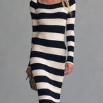 Retro-elegant Blue And White Striped Knit Patchwork Chiffon Ruffled Fishtail Maxi Dress