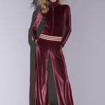 Casual Retro Burgundy Velvet Striped Button-Down Top And Wide-Leg Pants Set