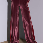Casual Retro Burgundy Velvet Striped Button-Down Top And Wide-Leg Pants Set