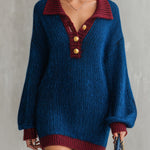 Oversized Contrast Trim Polo Collar Knit Mini Dress