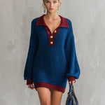 Oversized Contrast Trim Polo Collar Knit Mini Dress