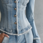 Chic Corset Fitted Frayed Trim V-Neck Light Wash Button Front Denim Jacket
