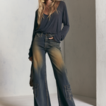 Retro Dirty Wash High Rise Wide Leg Baggy Cargo Flare Jeans