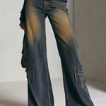 Retro Dirty Wash High Rise Wide Leg Baggy Cargo Flare Jeans