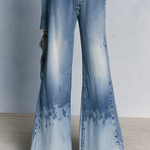 Boho Fringe Hem Zip Front V-Neck Long Sleeve Faded Wide Leg Denim Jumpsuit