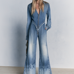 Boho Fringe Hem Zip Front V-Neck Long Sleeve Faded Wide Leg Denim Jumpsuit