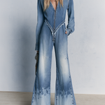 Boho Fringe Hem Zip Front V-Neck Long Sleeve Faded Wide Leg Denim Jumpsuit