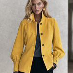 Classic Mustard Yellow Stand Collar Bishop Sleeve Tailored Button Front Jacket