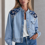 Vintage Floral Embroidered Light Wash Band Collar Cropped Western Denim Jacket