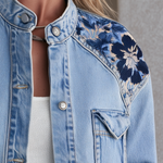 Vintage Floral Embroidered Light Wash Band Collar Cropped Western Denim Jacket
