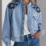 Vintage Floral Embroidered Light Wash Band Collar Cropped Western Denim Jacket