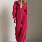 Women's Raspberry Red Fleece Hooded Zip-Up Wide Leg Jumpsuit with Striped Cuffs