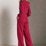 Women's Raspberry Red Fleece Hooded Zip-Up Wide Leg Jumpsuit with Striped Cuffs