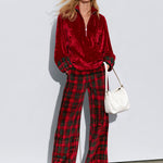 Casual Bright Red Velvet Half-zip Top And Plaid Wide-leg Pants Set