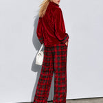 Casual Bright Red Velvet Half-zip Top And Plaid Wide-leg Pants Set
