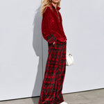 Casual Bright Red Velvet Half-zip Top And Plaid Wide-leg Pants Set