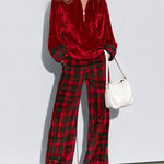 Casual Bright Red Velvet Half-zip Top And Plaid Wide-leg Pants Set