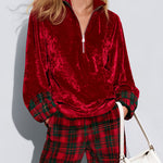 Casual Bright Red Velvet Half-zip Top And Plaid Wide-leg Pants Set