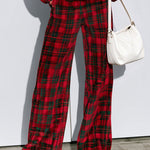 Casual Bright Red Velvet Half-zip Top And Plaid Wide-leg Pants Set