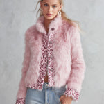 Women's Leopard-print Trim Pink Faux Fur Stand Collar Cropped Coat