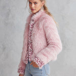 Women's Leopard-print Trim Pink Faux Fur Stand Collar Cropped Coat
