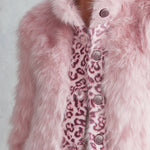 Women's Leopard-print Trim Pink Faux Fur Stand Collar Cropped Coat