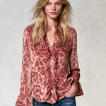 Women's pink leopard-print satin long-sleeve shirt featuring a ruffled front and ruffled cuffs