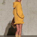 Mustard Yellow Half-zip Hooded Sweatshirt Dress Featuring Leopard-print Star Appliqués And A Ruffled Hem