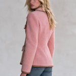Women's Pink Teddy Fleece Single-Button Blazer with Contrast Brown Piping