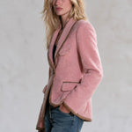 Women's Pink Teddy Fleece Single-Button Blazer with Contrast Brown Piping