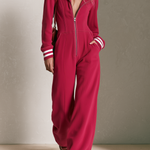 Women's Raspberry Red Fleece Hooded Zip-Up Wide Leg Jumpsuit with Striped Cuffs